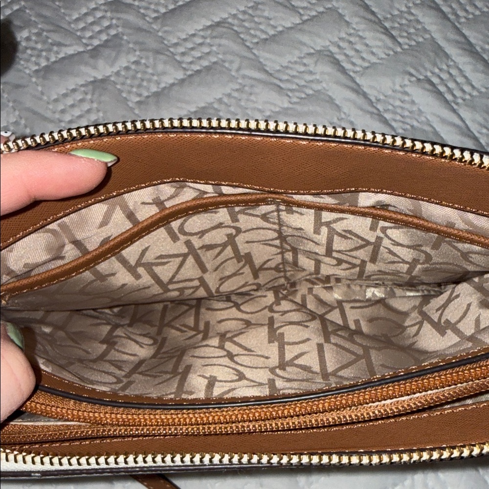 Calvin Klein Cream Monogram Chain Crossbody with Brown Strap - Picture 6 of 8